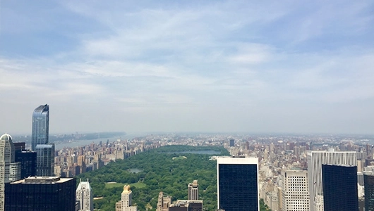 Central Park's green expanse surrounded by Manhattan skyscrapers under cloudy sky